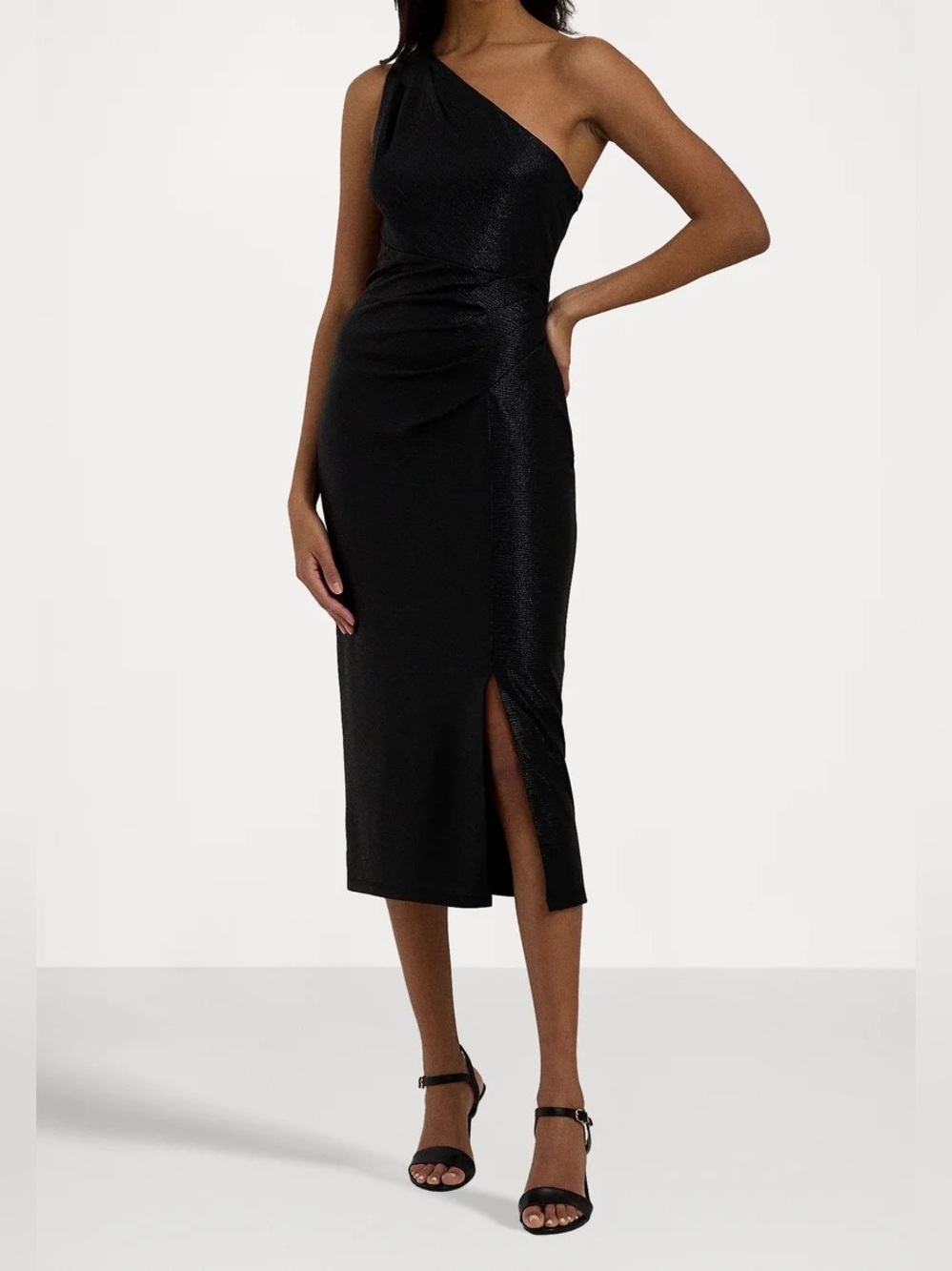 Lauren Ralph Lauren One-Shoulder Black Midi Dress with Side Slit